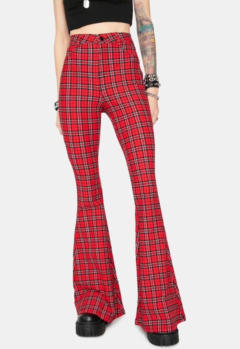 Red Tartan Plaid Bell Bottom Pants Punk Grunge Mall Goth Y2K Indie Flare M